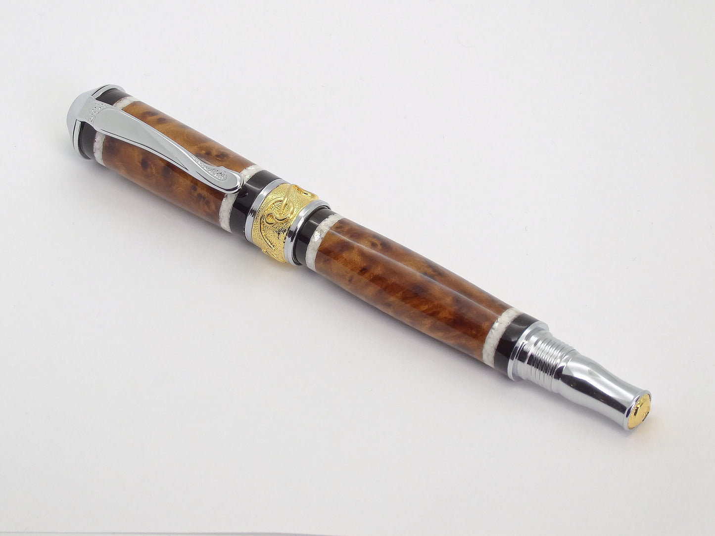 Broadwell Nouveau Sceptre Fountain Pen in Chrome, Gold, Thuya Burl and Ebony, Mother of Pearl Inlay