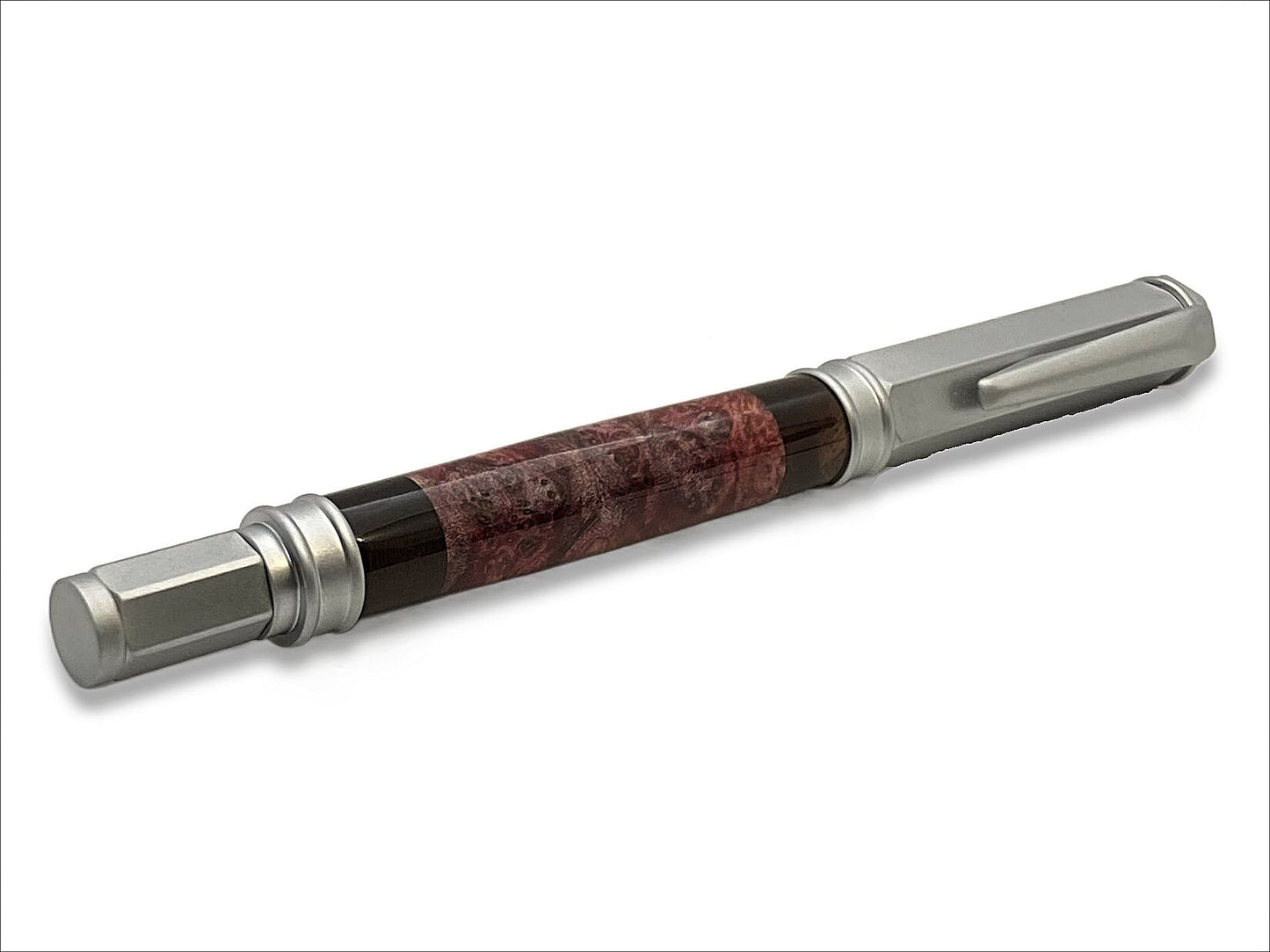Magnetic Vertex Fountain Pen in Satin Chrome Maple Burl and Walnut