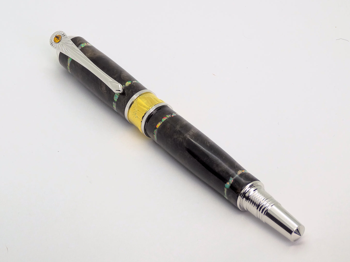 Broadwell Art Deco Fountain Pen in Chrome, Gold, Maple Burl and Opal Inlay