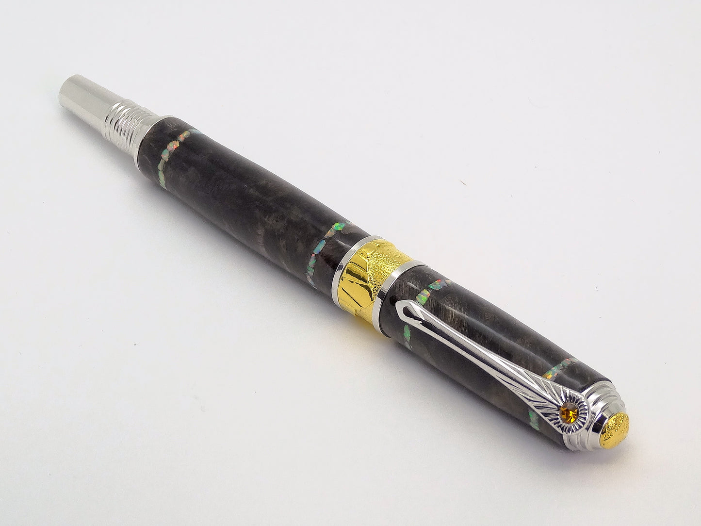 Broadwell Art Deco Fountain Pen in Chrome, Gold, Maple Burl and Opal Inlay