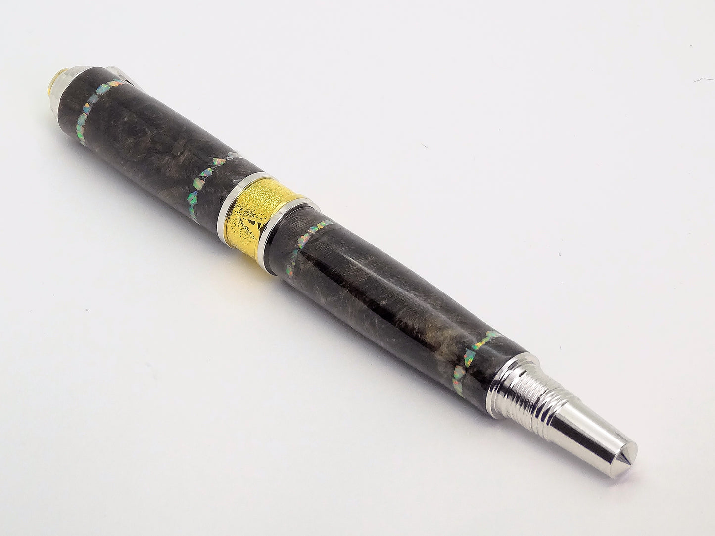 Broadwell Art Deco Fountain Pen in Chrome, Gold, Maple Burl and Opal Inlay