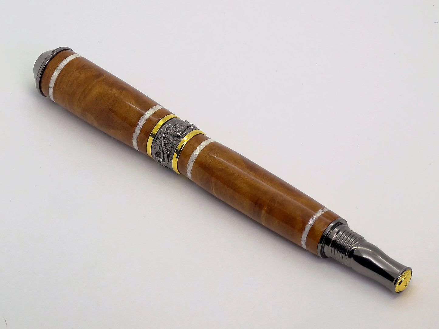 Broadwell Nouveau Sceptre Fountain Pen in Gunmetal, Gold, Madrone Burl, Mother of Pearl Inlay