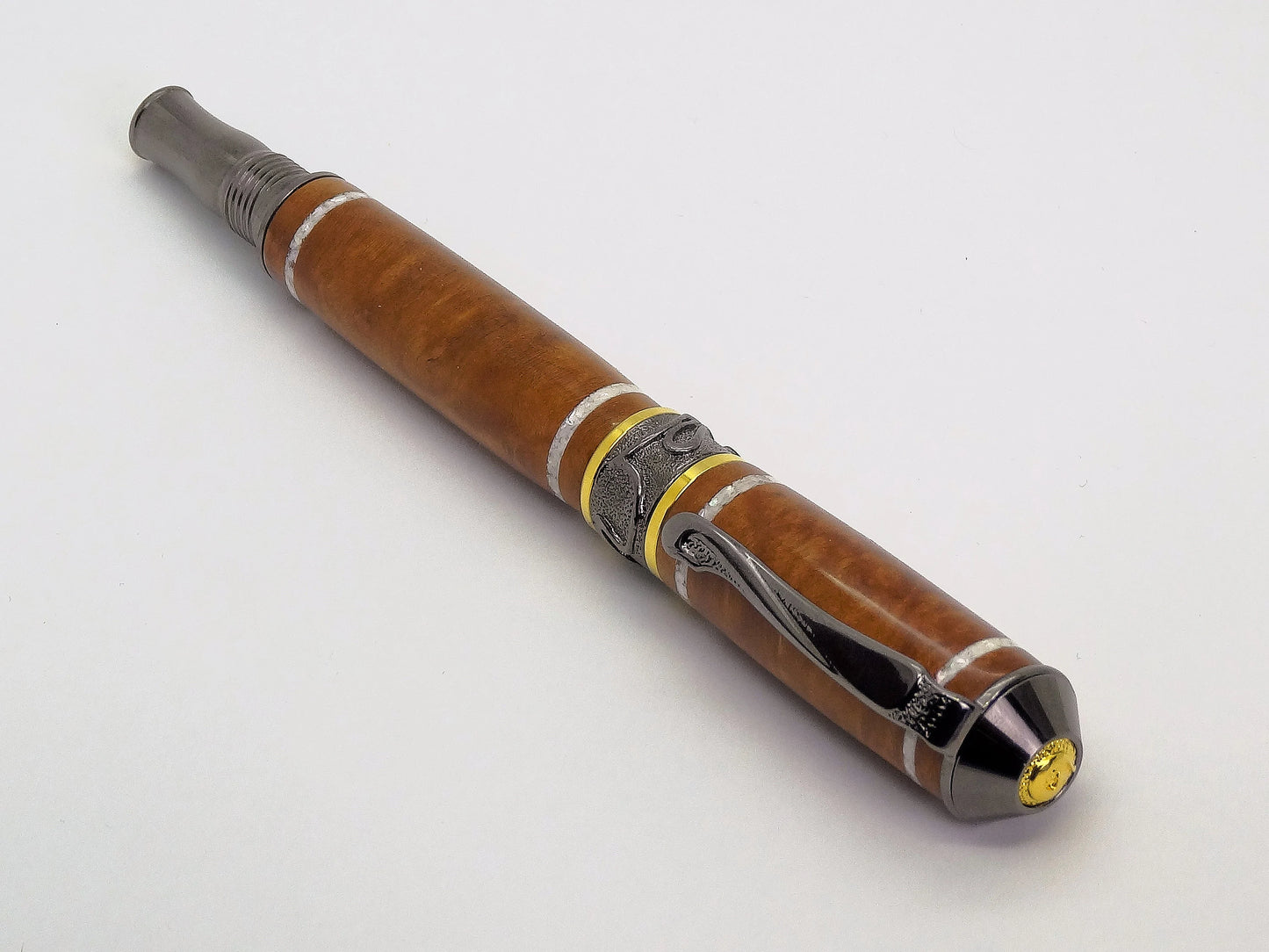 Broadwell Nouveau Sceptre Fountain Pen in Gunmetal, Gold, Madrone Burl, Mother of Pearl Inlay