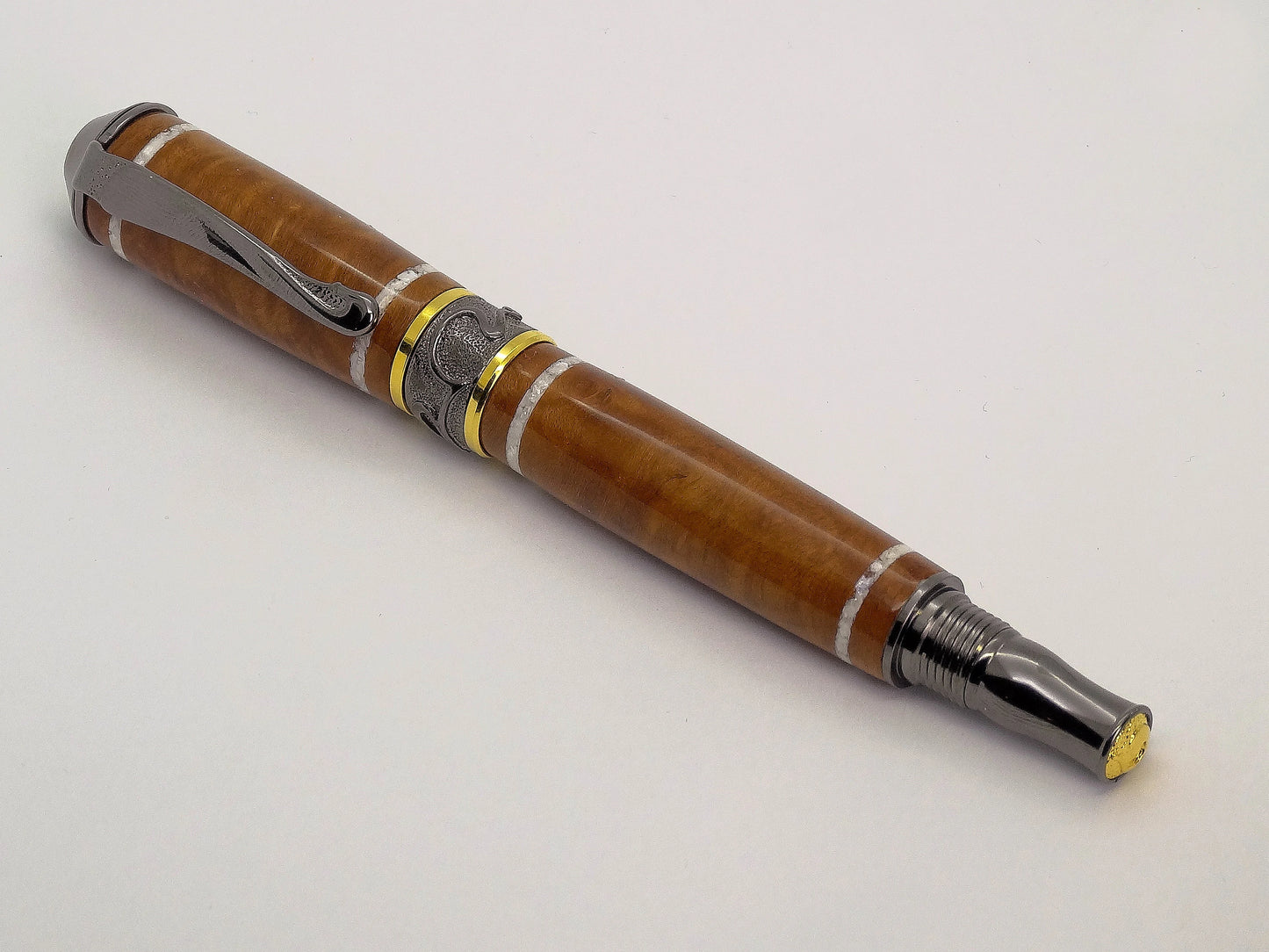 Broadwell Nouveau Sceptre Fountain Pen in Gunmetal, Gold, Madrone Burl, Mother of Pearl Inlay