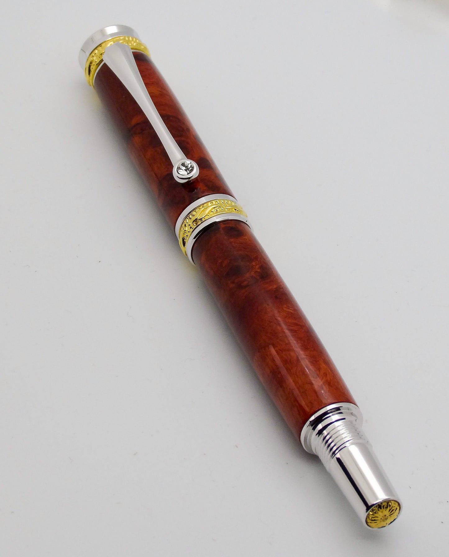 Majestic Jr. Fountain Pen in 22 Kt Gold, Rhodium and Red Amboyna Burl