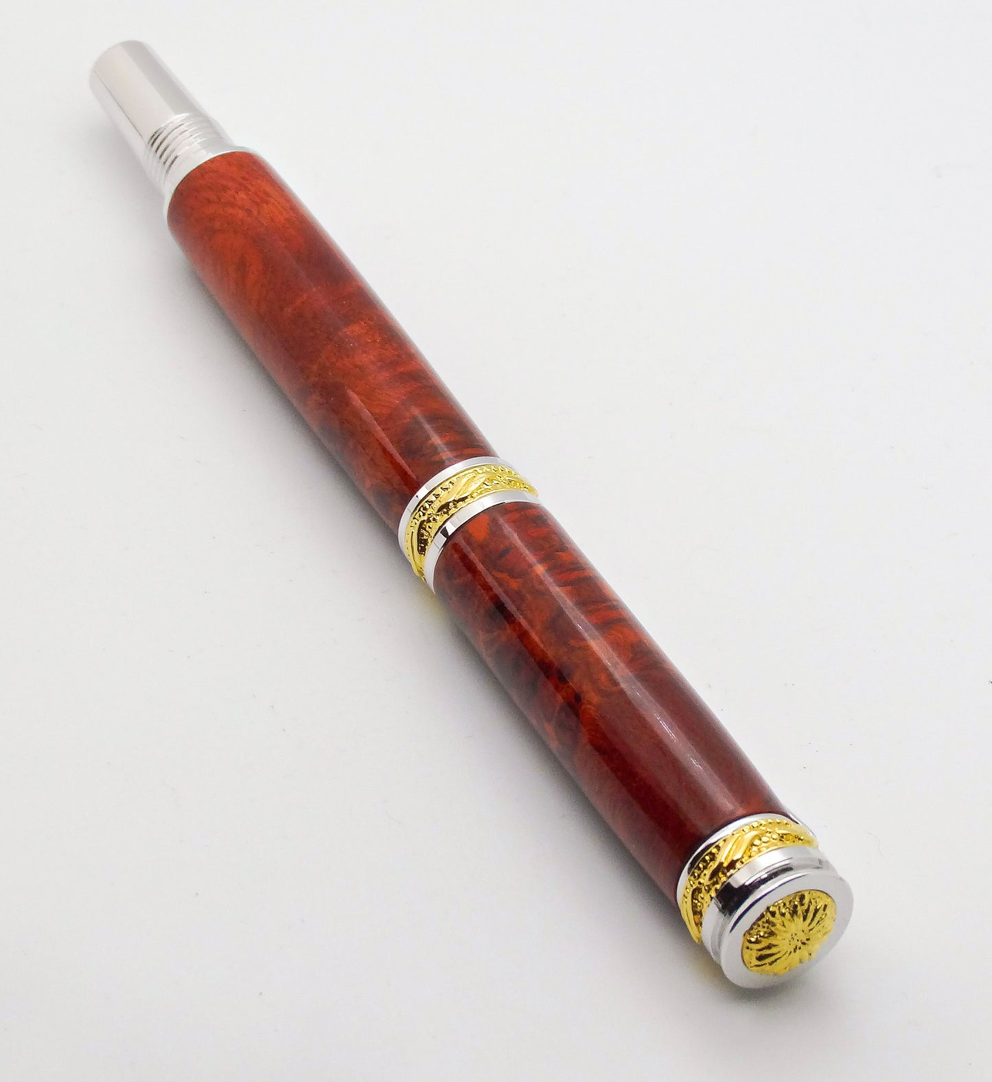 Majestic Jr. Fountain Pen in 22 Kt Gold, Rhodium and Red Amboyna Burl