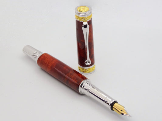 Majestic Jr. Fountain Pen in 22 Kt Gold, Rhodium and Red Amboyna Burl