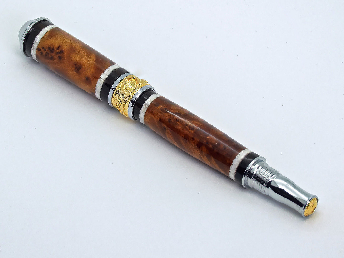 Broadwell Nouveau Sceptre Fountain Pen in Chrome, Gold, Thuya Burl and Ebony, Mother of Pearl Inlay