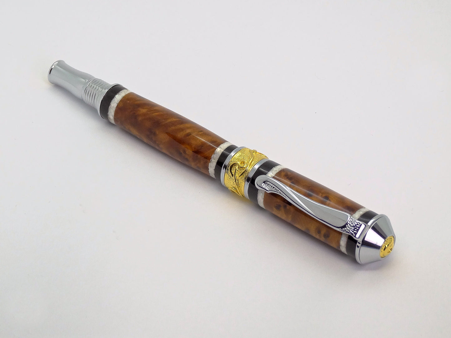 Broadwell Nouveau Sceptre Fountain Pen in Chrome, Gold, Thuya Burl and Ebony, Mother of Pearl Inlay