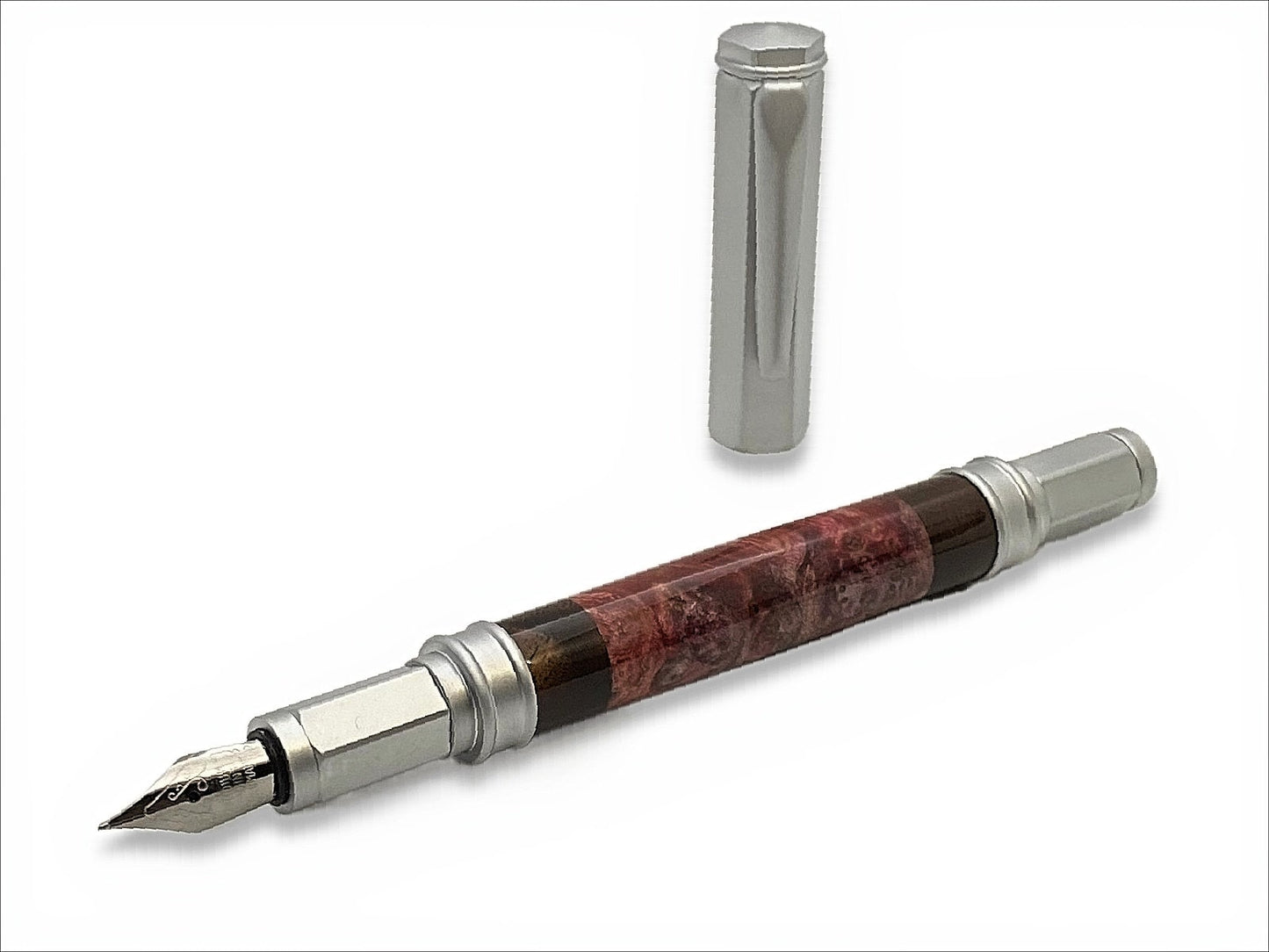 Magnetic Vertex Fountain Pen in Satin Chrome Maple Burl and Walnut