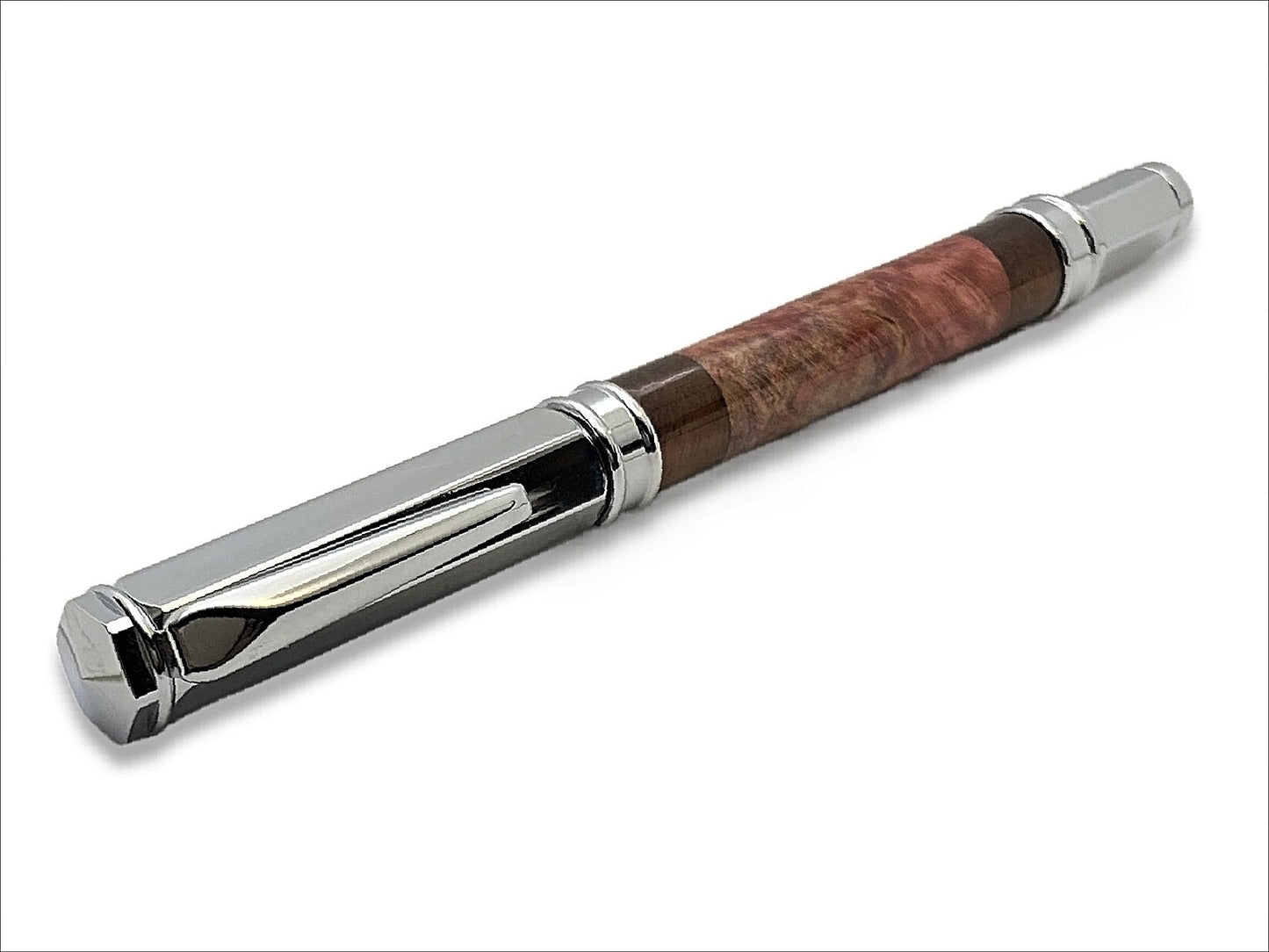Magnetic Vertex Fountain Pen in Chrome Maple Burl and Walnut
