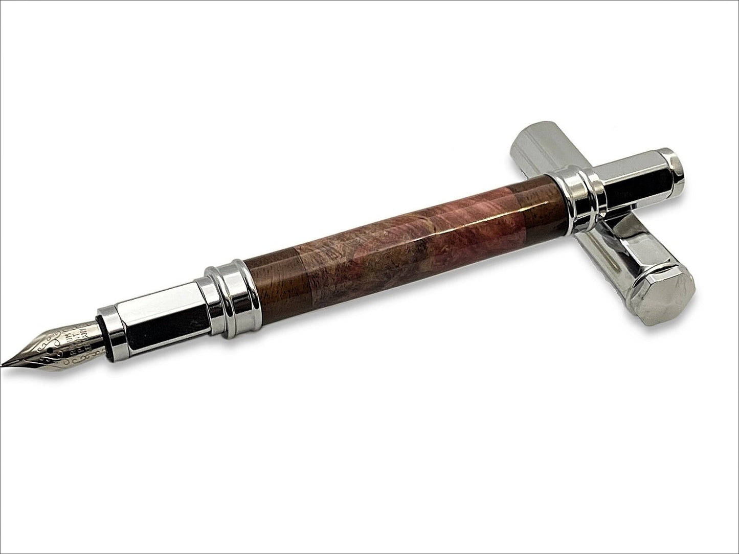 Magnetic Vertex Fountain Pen in Chrome Maple Burl and Walnut