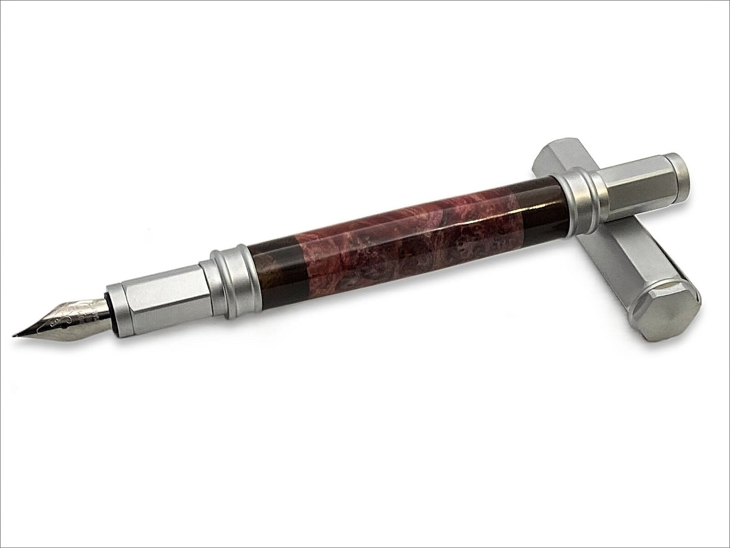 Magnetic Vertex Fountain Pen in Satin Chrome Maple Burl and Walnut