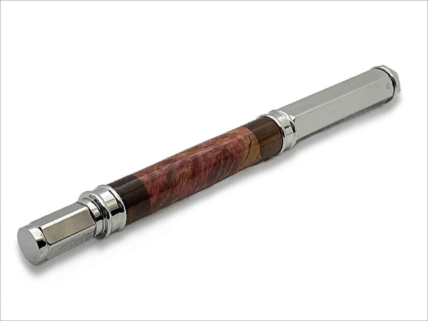 Magnetic Vertex Fountain Pen in Chrome Maple Burl and Walnut