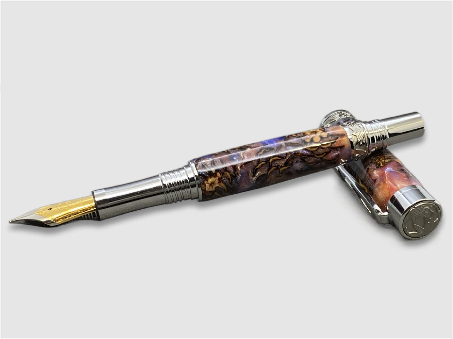 Jr Imperial Fountain Pen in Purple and Pink Resin with Embedded Pine Cones